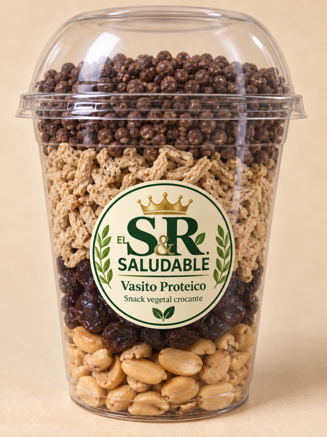 Vasito Proteico con quinoa pop de arándanos, soja, pasas de uva y maní